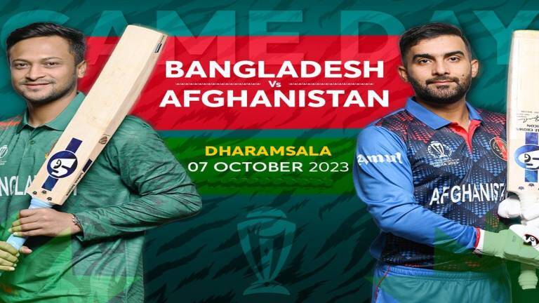 आईसीसी क्रिकेट विश्‍व कप में हिमाचल प्रदेश में धर्मशाला में बांग्‍लादेश और अफगानिस्‍तान के बीच मुकाबला जारी